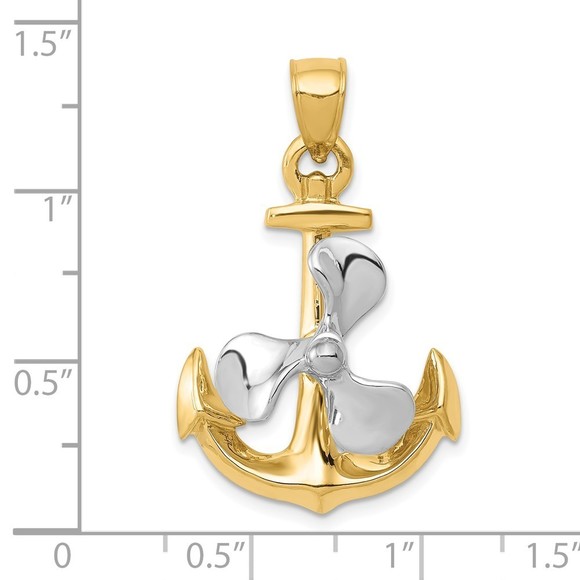 10k Yellow Gold Two-tone 3-D Anchor w Moveable Propeller Necklace Charm Pendant